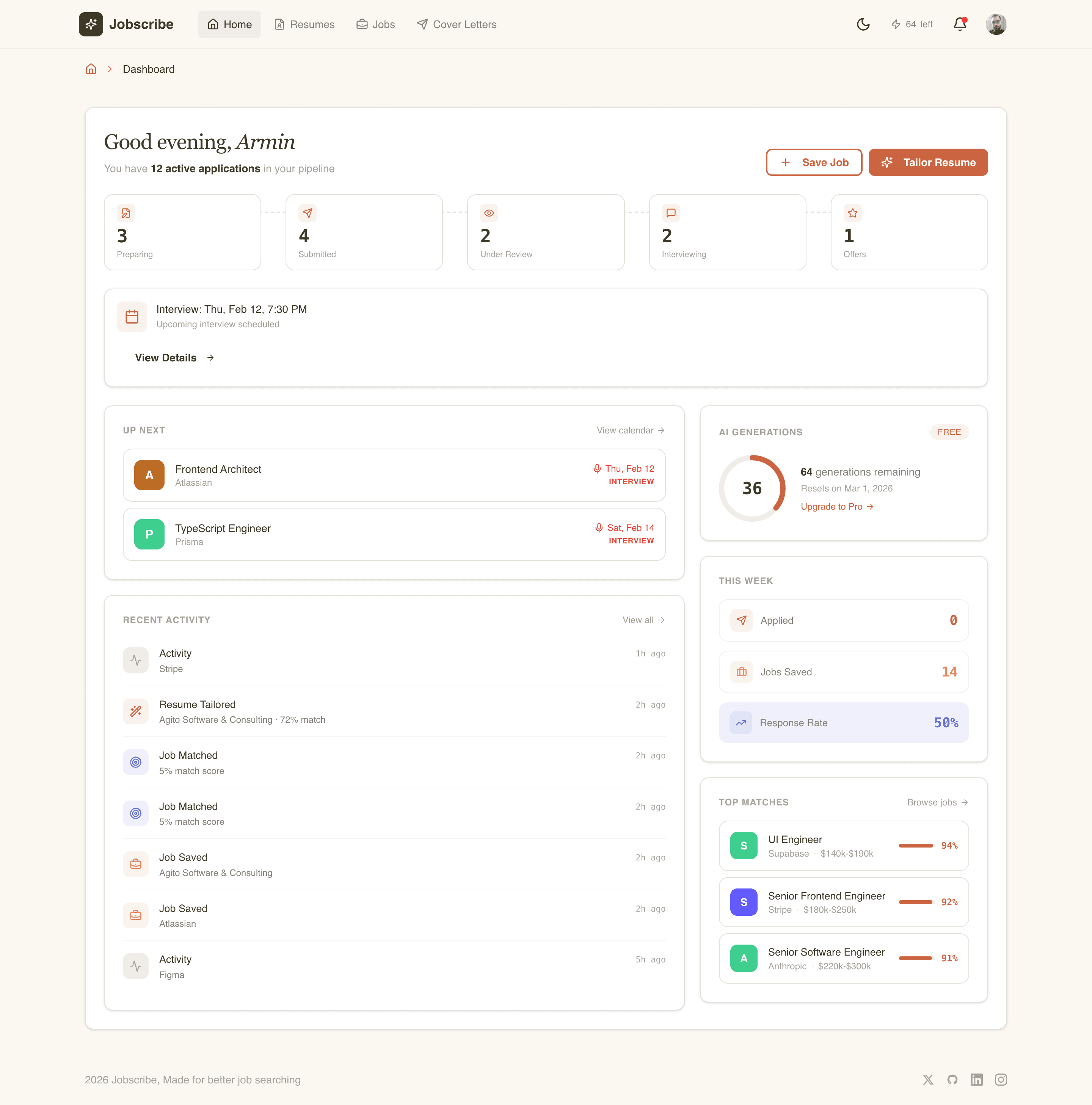 Jobscribe dashboard showing job tracking, resume tailoring, and application management
